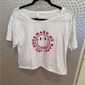 Arkansas Razorbacks Hogs Make Me Happy Smiley Graphic CropTop White Cotton large